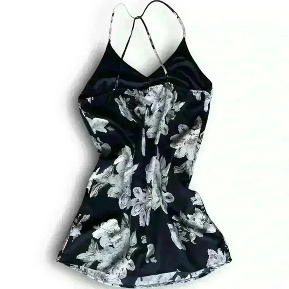Black satin slip floral graphic print babydoll sun dress crisscross tied straps - Picture 2 of 5